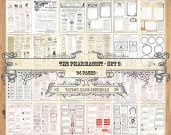 The Pharmacist, SET 2 -34 Page, Junk Journal Kit, Apothecary Labels, Vintage Labels, Pharmacy Digital Kit, Printable Pharmacy Labels