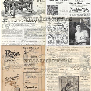 May include: A vintage advertisement page featuring various products, including a loom, baking powder, a bicycle, a toilet soap, a piano, and a book. The page is filled with text and illustrations, showcasing the products and their features.