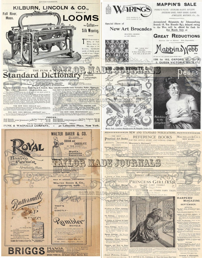 May include: A vintage advertisement page featuring various products, including a loom, baking powder, a bicycle, a toilet soap, a piano, and a book. The page is filled with text and illustrations, showcasing the products and their features.