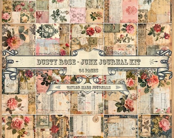 Könnte beinhalten: Ein digitales Collage-Kit zum Junk Journaling mit 94 Seiten im Vintage-Stil mit staubigen rosafarbenen Blumenmustern, handschriftlichen Notizen und Noten. Das Kit trägt den Titel "Dusty Rose - Junk Journal Kit" und enthält den Text "Taylor Made Journals".