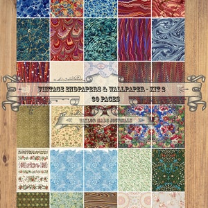 May include: A digital collage sheet with 20 vintage endpapers and wallpaper designs. The designs feature a variety of patterns, including floral, geometric, and marbled. The sheet is titled "Vintage Endpapers & Wallpaper - Kit 2, 20 Pages".