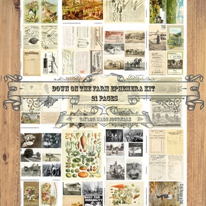 Puede incluir: Un kit de collage digital con 21 páginas de imágenes vintage con temática de granja. Las imágenes incluyen animales de granja, equipos agrícolas, productos agrícolas y edificios agrícolas. El kit se titula "Down on the Farm Ephemera Kit" y es de Taylor Made Journals.