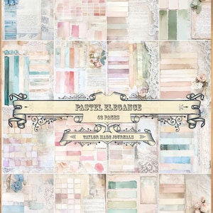 May include: A collage of pastel-colored journal pages with floral and lace accents. The pages feature watercolor washes in shades of pink, blue, green, and beige. The text "Pastel Elegance" and "48 Pages" is displayed on a banner.
