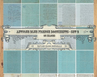 Blue French Documents , Junk Journal Kit, SET 2-25 Page, Digital Download Kit, French Ephemera, French Documents, French Digital Kit