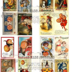 May include: A collage of vintage Halloween postcards featuring images of jack-o'-lanterns, owls, witches, and children in costumes. The postcards have a variety of colors and designs, including red, orange, yellow, green, and blue.