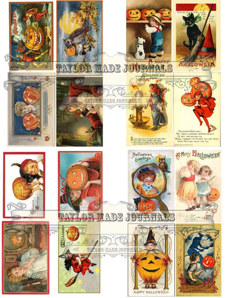 May include: A collage of vintage Halloween postcards featuring images of jack-o'-lanterns, owls, witches, and children in costumes. The postcards have a variety of colors and designs, including red, orange, yellow, green, and blue.
