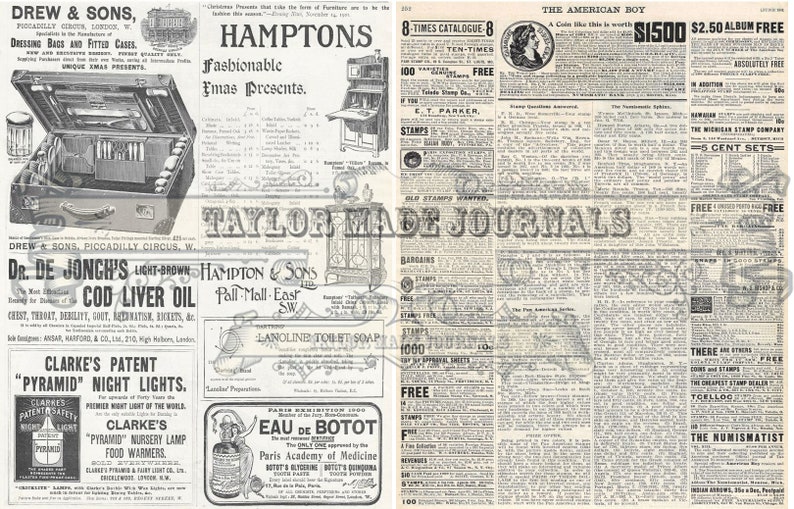 May include: A black and white newspaper clipping with advertisements for various products, including a travel trunk, a soap, a night light, and a cod liver oil. The text includes the names of the companies, the products, and their prices.