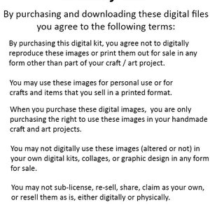 May include: Terms of Use for digital files. By purchasing these digital files, you agree not to digitally reproduce or print them for sale in any form other than as part of a craft or art project. You may use these images for personal use or for crafts and items that you sell in a printed format. You may not digitally use these images in your own digital kits, collages, or graphic design for sale. You may not sub-license, re-sell, share, claim as your own, or resell these images as is, either digitally or physically. All copywrite of these images remain with the creator Lorna Taylor of TaylorMadeJournals.