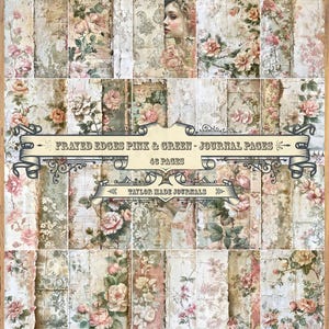 Bordes deshilachados: papel tapiz Shabby Chic rosa y verde, 30 páginas, kit digital grunge, kit de diario basura, muestras de papel tapiz, kit Shabby Chic