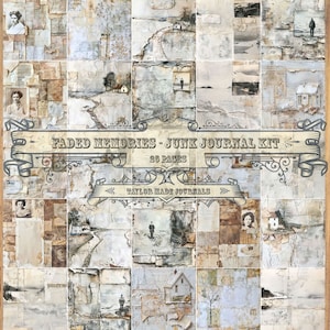 Puede incluir: Un kit de collage digital para el diario de chatarra con 25 páginas que presentan imágenes descoloridas de paisajes, casas y personas. El kit se titula "Faded Memories - Junk Journal Kit" e incluye el texto "25 Pages" y "Taylor Made Journals".