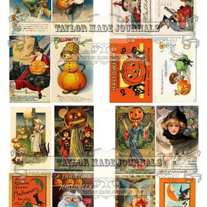 May include: A collection of vintage Halloween postcards featuring illustrations of pumpkins, witches, cats, and children. The postcards have a variety of colors, including orange, black, green, and red. The text on the postcards includes greetings such as "A Merry Hallowee'n" and "A Rousing Happy Halloween to You."