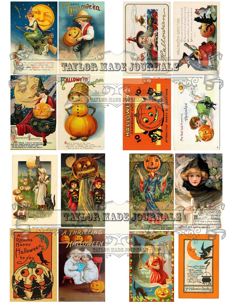 May include: A collection of vintage Halloween postcards featuring illustrations of pumpkins, witches, cats, and children. The postcards have a variety of colors, including orange, black, green, and red. The text on the postcards includes greetings such as "A Merry Hallowee'n" and "A Rousing Happy Halloween to You."