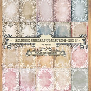 May include: A set of 12 digital paper backgrounds with intricate white filigree borders. The backgrounds are in various shades of pink, blue, and brown. The text "FILIGREE BORDERS COLLECTION - SET 1" and "TAYLOR MADE JOURNALS" is displayed on the image.