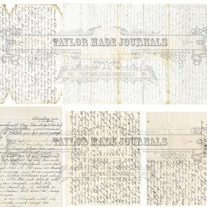 May include: A vintage-style digital paper pack with a distressed, aged look. The pack includes six sheets of paper with handwritten text and a faded, gray background. The text includes the words "Taylor Made Journals".