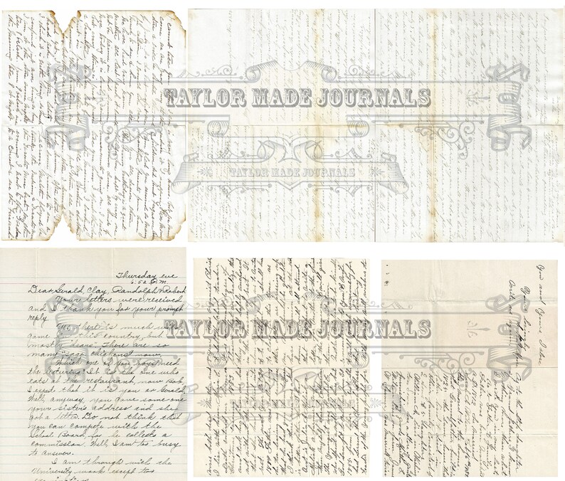May include: A vintage-style digital paper pack with a distressed, aged look. The pack includes six sheets of paper with handwritten text and a faded, gray background. The text includes the words "Taylor Made Journals".