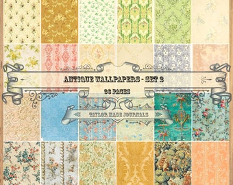 Può includere: Un set di 36 disegni di carta da parati antichi in una varietà di colori e motivi. I disegni includono motivi floreali, geometrici e damascati. Il titolo "Antique Wall Papers - Set 2 36 Pages" è visualizzato nella parte superiore dell'immagine.
