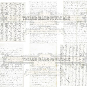May include: A collage of six vintage journal pages with handwritten text in black ink on a white background. The pages are decorated with a black and white floral design and the text "TAYLOR MADE JOURNALS".