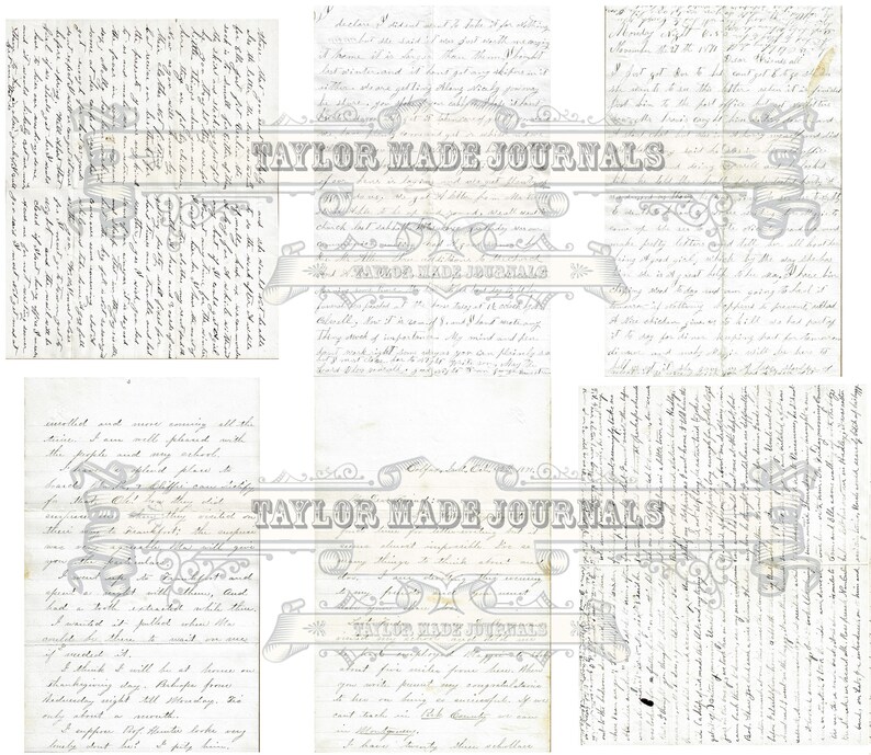 May include: A collage of six vintage journal pages with handwritten text in black ink on a white background. The pages are decorated with a black and white floral design and the text "TAYLOR MADE JOURNALS".