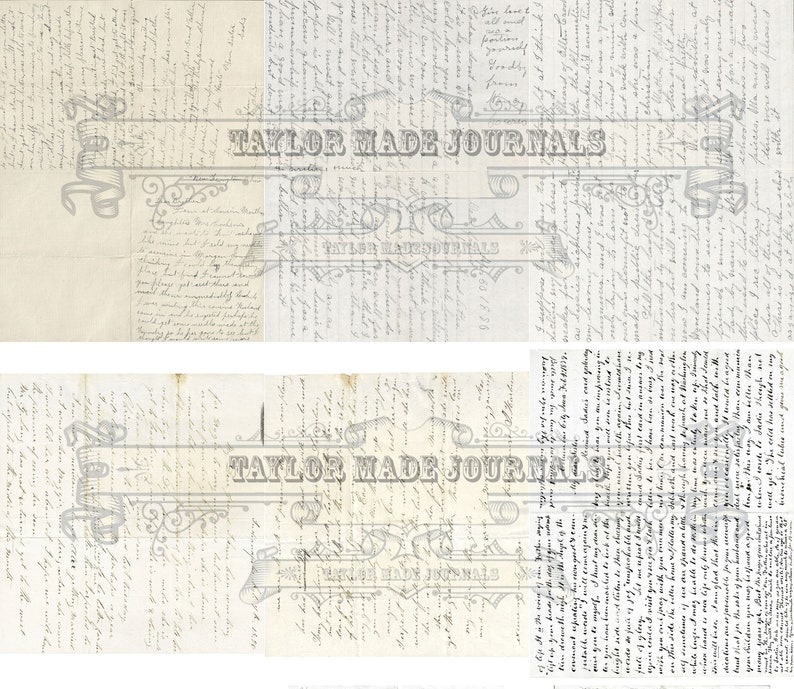 May include: A close-up of a handwritten letter with faded ink on aged paper. The letter is folded in half and has a decorative border with the text "TAYLOR MADE JOURNALS".