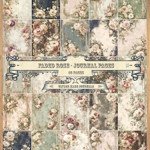 Puede incluir: Un conjunto de 20 páginas de diario con un diseño de rosas descoloridas. Cada página presenta un arreglo floral diferente en tonos de rosa, crema y burdeos, con un fondo vintage y desgastado. Se muestra el texto "Faded Rose - Journal Pages".