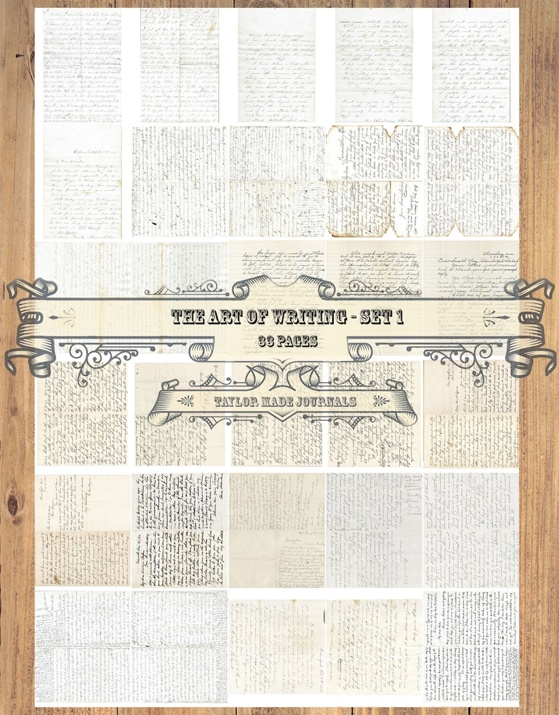May include: A collage of 36 vintage-style pages with handwritten text, featuring a banner that reads "The Art of Writing - Set 1, 36 Pages" and a smaller banner that reads "Taylor Made Journals".