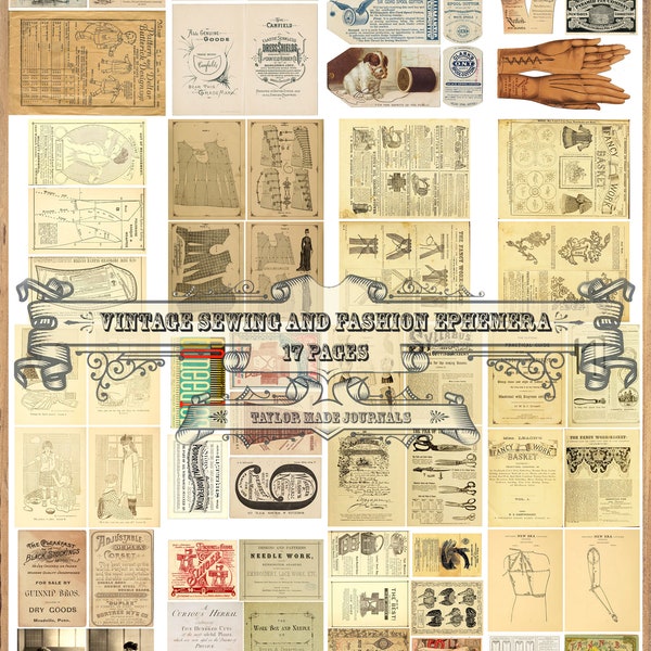 Sewing/Fashion Ephemera, SET 1 -17 page, Junk Journal Kit, Printable Sewing Ephememra, Digital Sewing Journal Kit, Sewing Ephemera