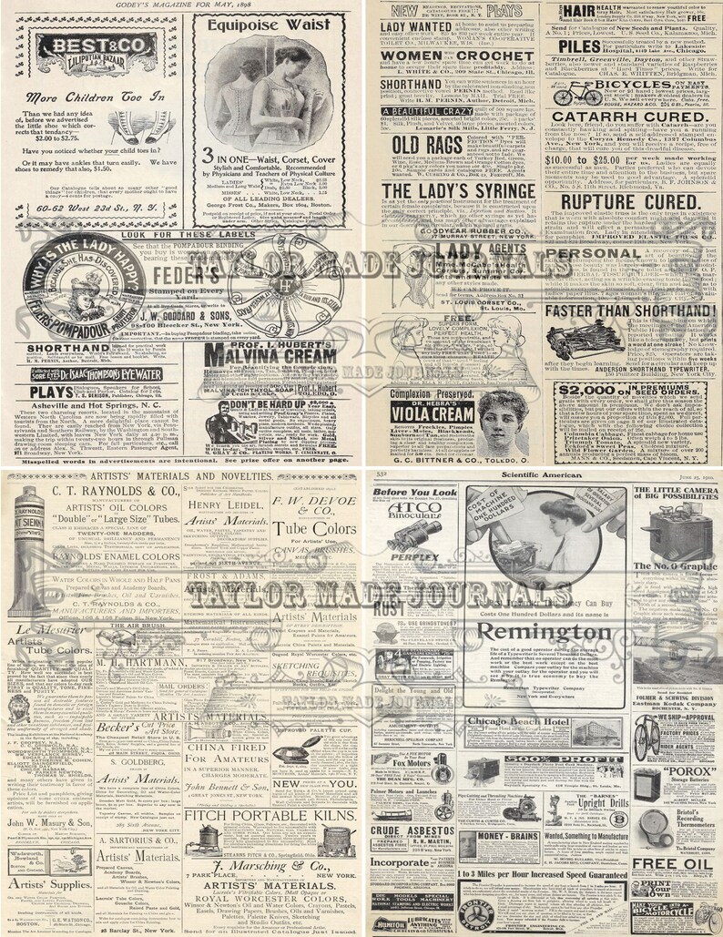 May include: A vintage newspaper advertisement page with various product listings. The page features ads for women's clothing, hair care, medical supplies, and artists' materials. The text includes phrases like "Equipoise Waist", "Catarrh Cured", "Lady Agents", and "Faster Than Shorthand!"