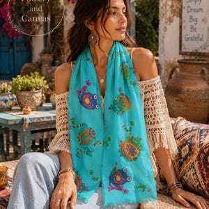 Boho Frog Pashmina Scarf: Lightweight Blue Aqua Shawl