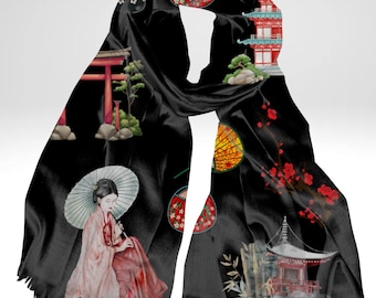 La sciarpa Pashmina è un elegante e leggero foulard giapponese Geisha Boho, semi-trasparente, nero, regalo perfetto per le vacanze della mamma, come scialle o come scialle da spiaggia.