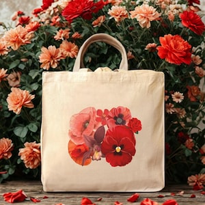 Floral tote bag, a stylish shopping shoulder bag for farmers markets, featuring a spring-inspired design and made from heavy-duty canvas