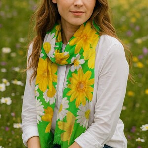 The Daisy Pashmina Bright Green Floral Scarf is a semi-sheer, lightweight, and elegant flower-patterned wrap