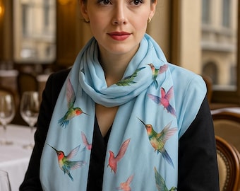 Chic Bird Pashmina is a Semi-Sheer Lightweight Blue Scarf Elegant Wrap