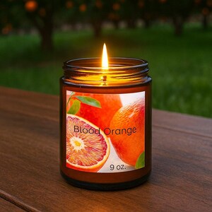 Blood Orange Soy Candle, 9 oz amber jar with an aromatherapy fragrance