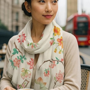 Floral Pashmina Light Yellow Scarf: Lightweight Semi-Sheer Flower Wrap