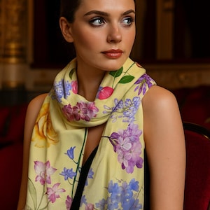 Floral Pashmina Scarf: Lightweight Butter Yellow Flower Shawl - Vacation Wrap