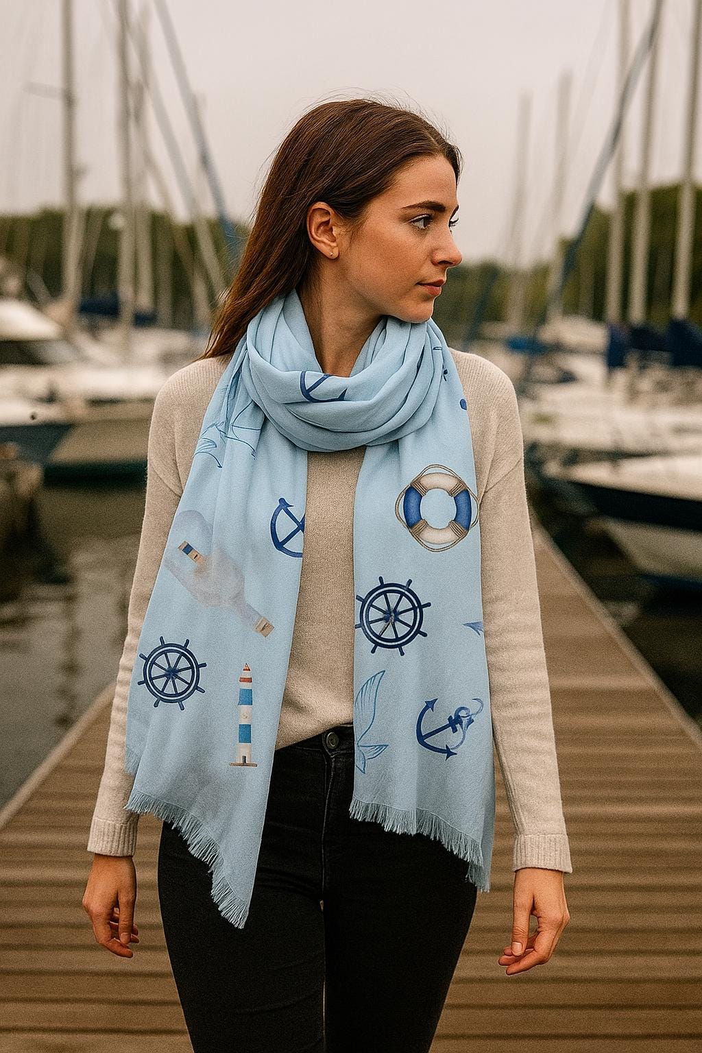 Nautical Blue Pashmina Scarf: Coastal Ocean Style Shawl