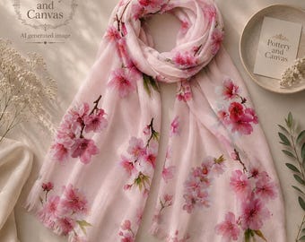 Cherry Blossom Pashmina Pink Scarf Lightweight Flower Shawl - Vacation Wrap