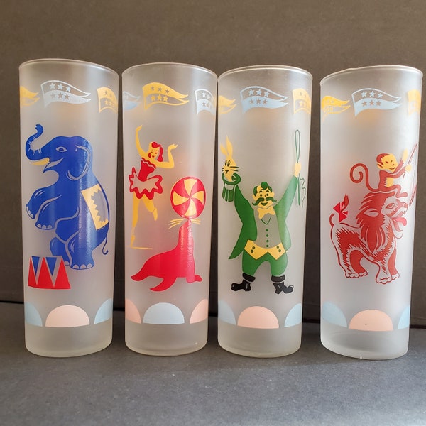 Libbey Circus Glasses Frosted Collins 7 inch Set of 4 Mid Century