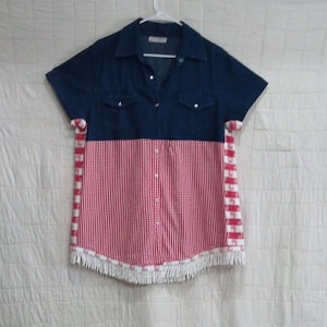 Country denim & gingham fringed tunic fits LG-1XL