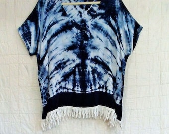 Tie Dye fringe boho women top with chenille trim LG-XL