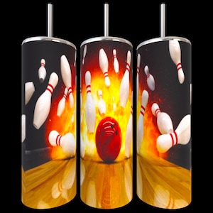 Bowling Tumbler, Gift for Bowlers, Custom Tumbler, Skinny Tumbler, Custom Drinkware, Sublimation Skinny Tumbler with Straw, 20 oz tumbler