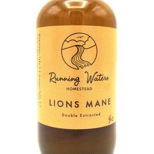 A bottle of Running Waters Homestead Lions Mane mushroom tincture with a dropper cap.