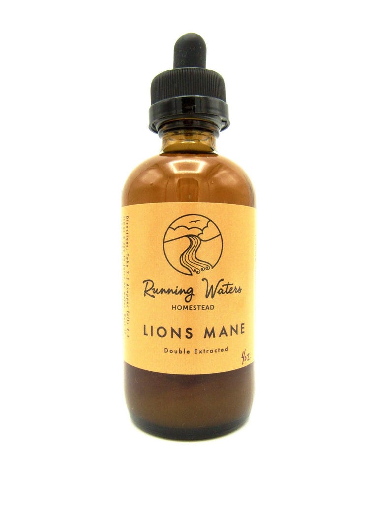 A bottle of Running Waters Homestead Lions Mane mushroom tincture with a dropper cap.