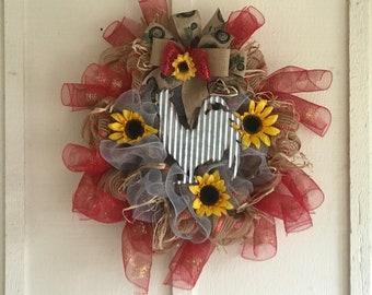 Rooster mesh wreath with sunflowers