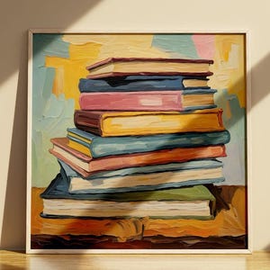 Book Lover Print, Stack of Books Painting, Bookworm Printable Art, Digital Prints Books, Stack of Books Wall Print,Book Lover Printable Art