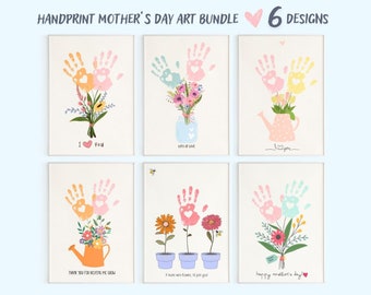 Impresión de regalo del Día de la Madre, artesanía del Día de la Madre con huellas de manos, artesanía con huellas de flores del Día de la Madre, ramo floral de recuerdo de amor, artesanía con huellas de manos de mamá