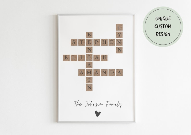 Aangepaste familie brief tegel print, kruiswoordraadsel Scrabble print, naam puzzel, gepersonaliseerde familienaam teken, achternaam teken, familie aangepaste borden afbeelding 1