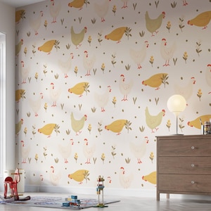 Chicken Wallpaper Peel and Stick, Kids Wallpaper Cute Animal Pattern, Cottagecore Wallpaper Peel and Stick, Cottagecore Wallpaper Farm