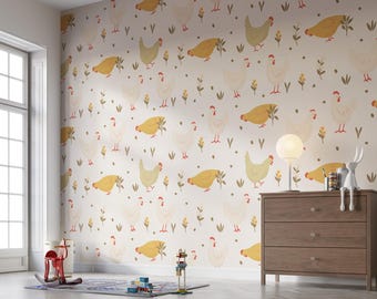 Chicken Wallpaper Peel and Stick, Kids Wallpaper Cute Animal Pattern, Cottagecore Wallpaper Peel and Stick, Cottagecore Wallpaper Farm