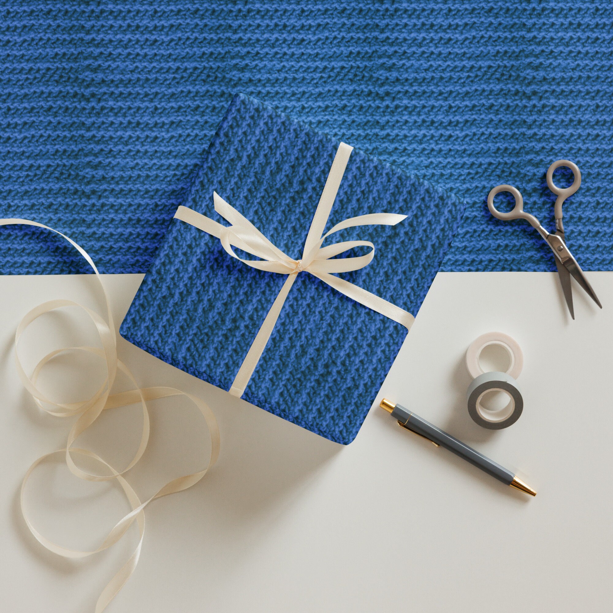 Christmas Pattern Knitted Stitch Dark Blue Wrapping Paper by dejavu69